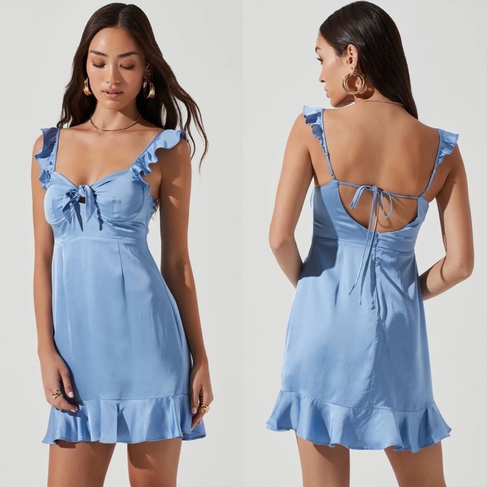 NWT ASTR The Label SKY BLUE Satin MARLA Flutter Sleeve BUST TIE Mini DRESS XS